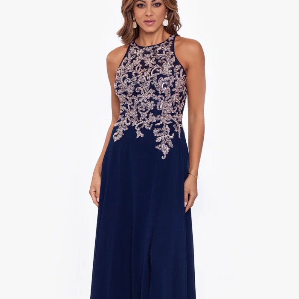 Betsy & Adam Embroidered Gown Navy/Rose